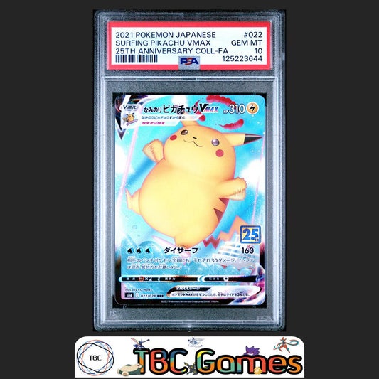 Surfing Pikachu VMAX Pokemon Japanese 25th Anniversary Collection #022 PSA 10 Front