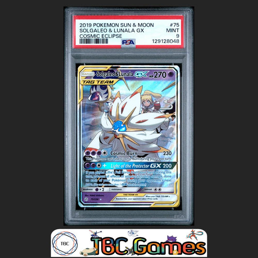 Solgaleo & Lunala GX Cosmic Eclipse #75 PSA 9 Front
