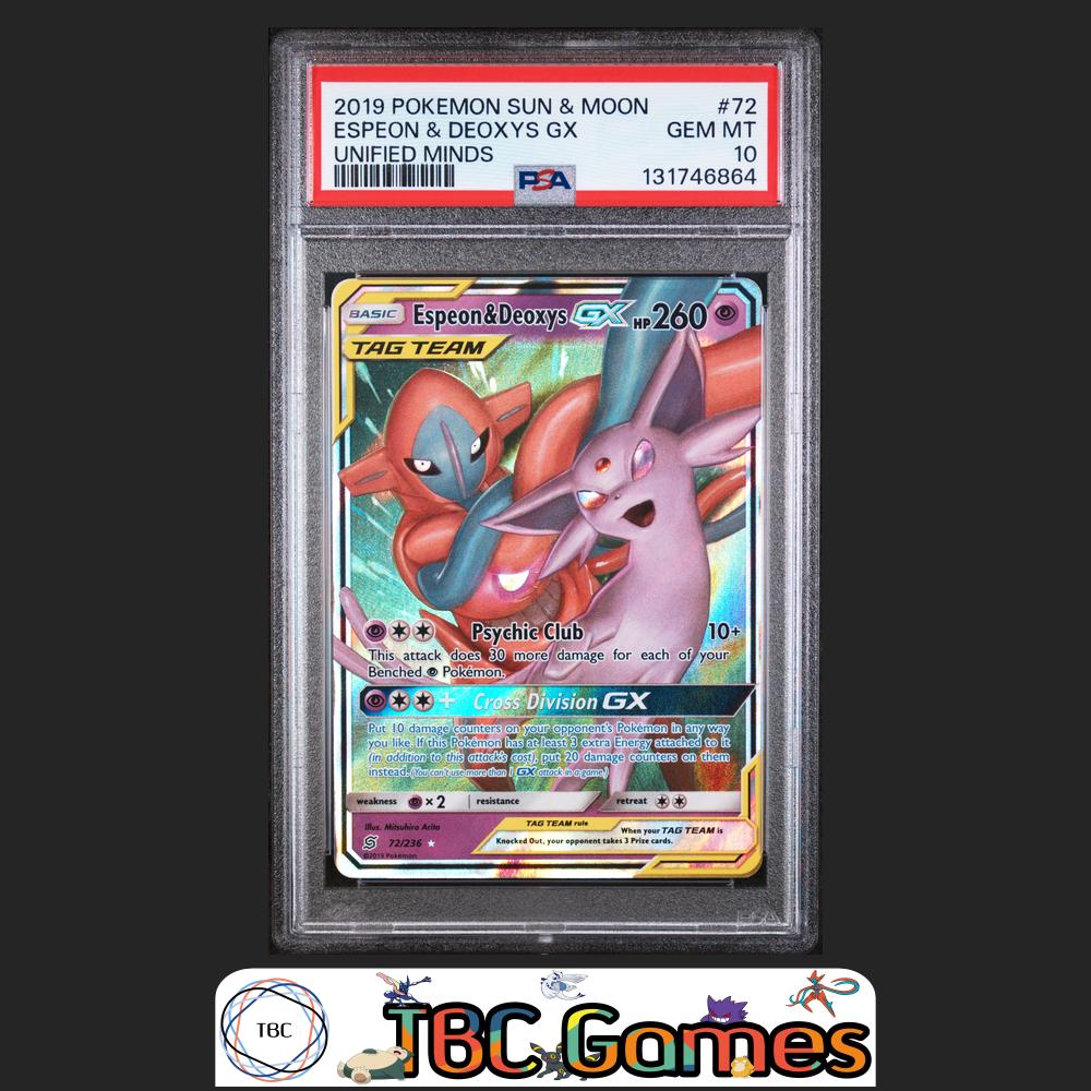 Espeon & Deoxys GX Unified Minds #72 PSA 10 Front