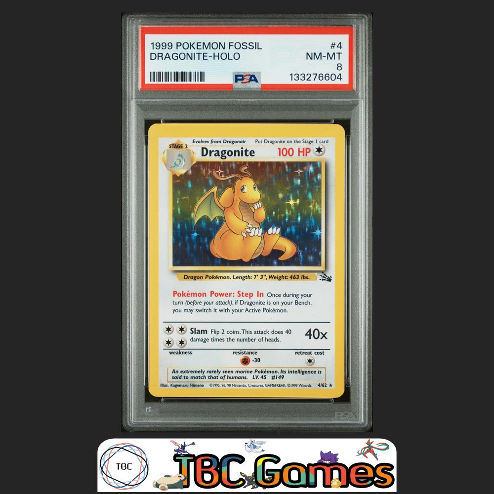 Dragonite Fossil Unlimited Holo #4 PSA 8 Front