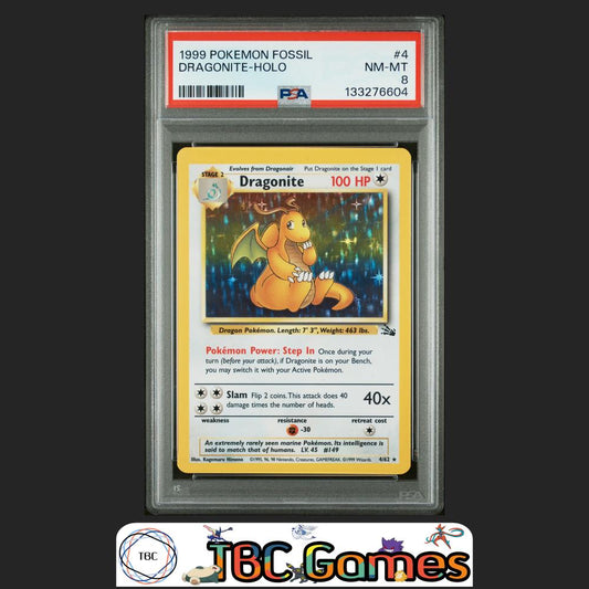 Dragonite Fossil Unlimited Holo #4 PSA 8 Front