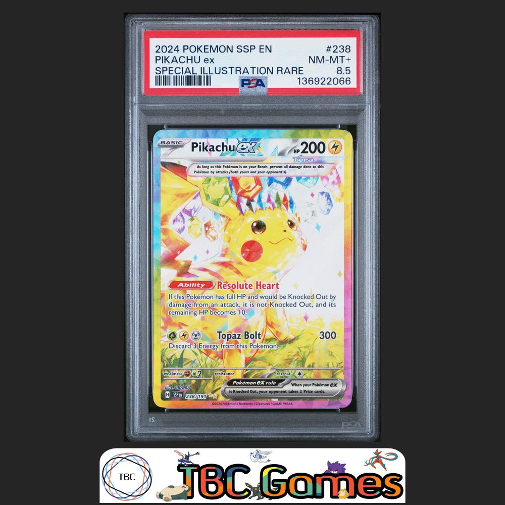 Pikachu ex Surging Sparks #238 Special Illustration Rare PSA 8.5 Front