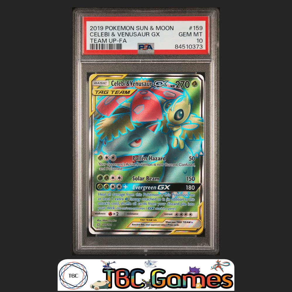 Celebi & Venusaur GX Pokemon Sun & Moon Team Up #159 PSA 10 Front