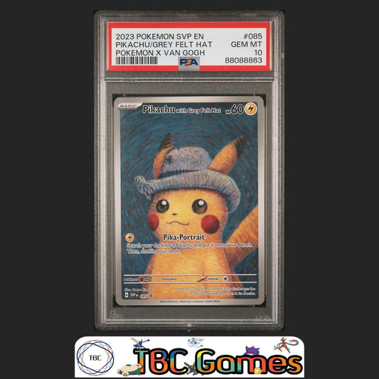Pikachu Grey Felt Hat Pokemon SVP #085 Black Star Promo Van Gogh PSA 10 Front