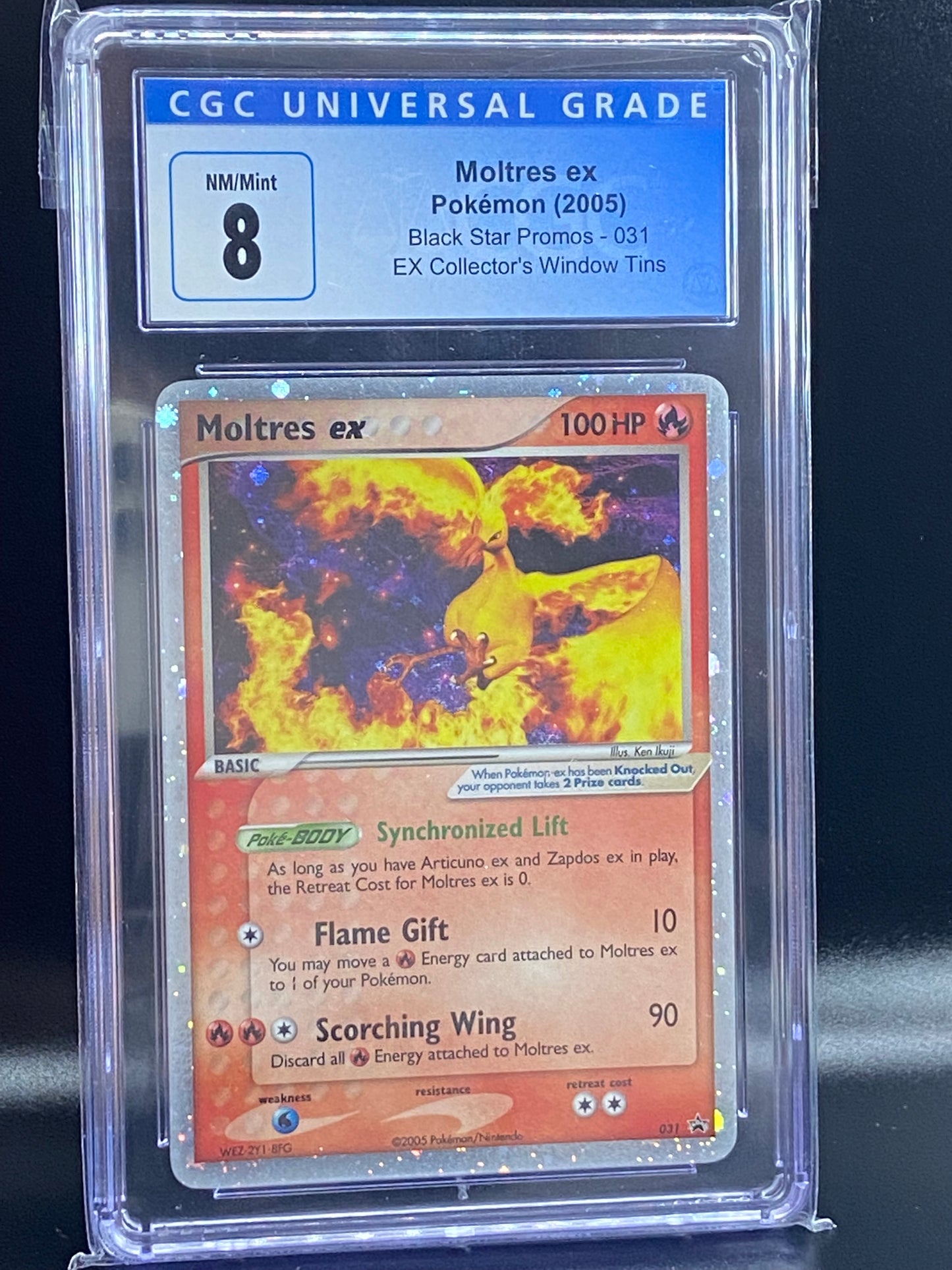 Moltres ex Black Star Promos #031 Collector’s Window Tin CGC 8