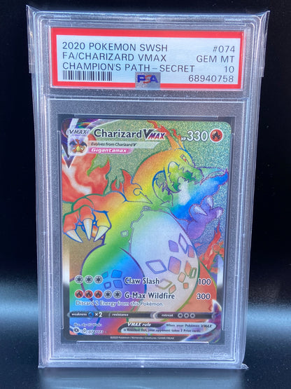 Charizard VMAX Champion's Path Rainbow Secret 074/073 PSA 10 TBC Games Charizard VMAX Champion's Path Rainbow Secret 074/073 PSA 10 TBC Games