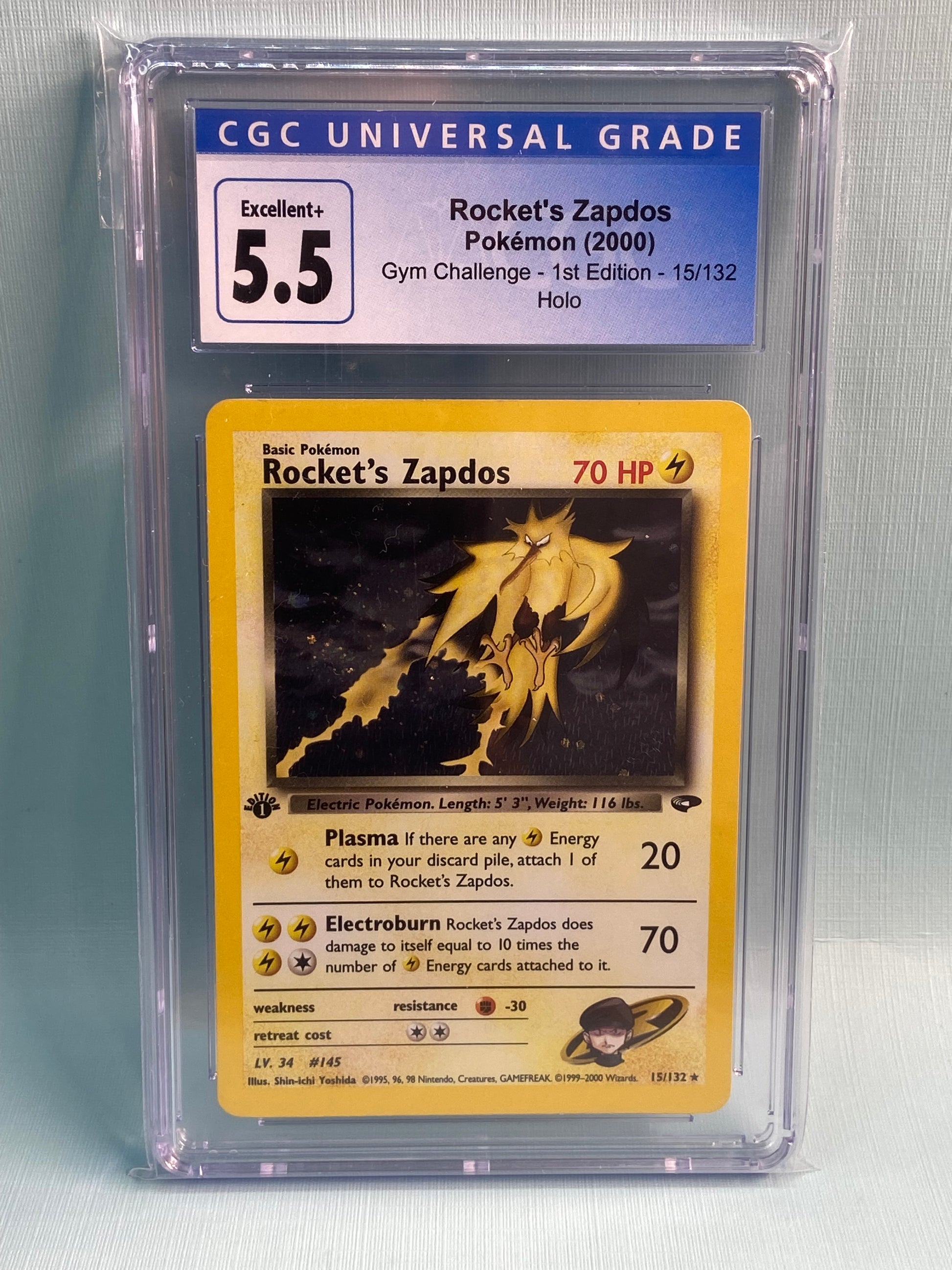 Rocket's Zapdos Gym Challenge 1st Edition Holo 15/132 CGC 5.5 TBC Games Rocket's Zapdos Gym Challenge 1st Edition Holo 15/132 CGC 5.5 TBC Games