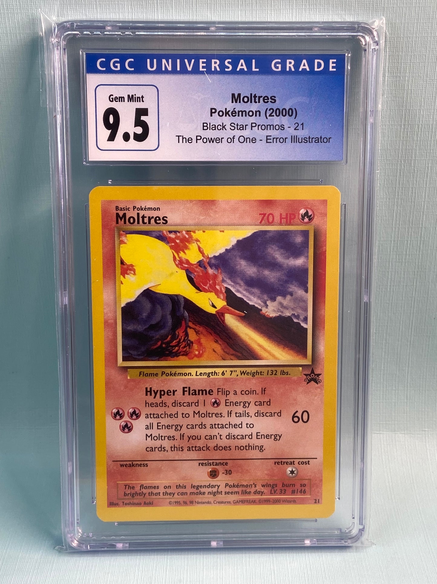 moltres 1995 pokemon card Moltres Black Star Promo Power of One Error Illustrator #21 CGC 9.5 – TBC Games