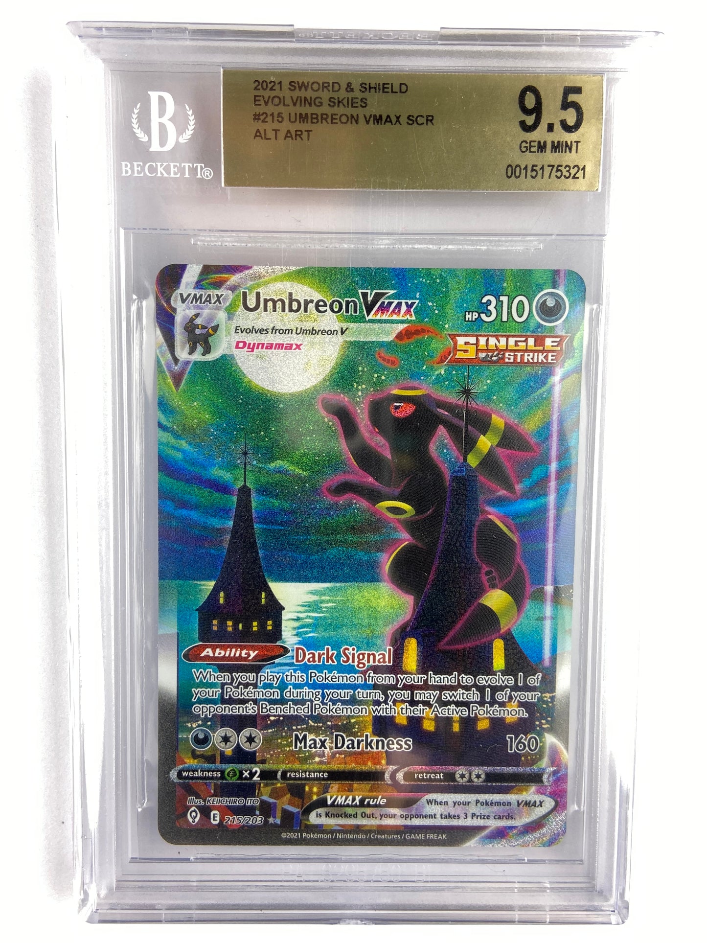 Umbreon VMAX Alt Art Evolving Skies 215/203 BGS 9.5 TBC Games Umbreon VMAX Alt Art Evolving Skies 215/203 BGS 9.5 TBC Games