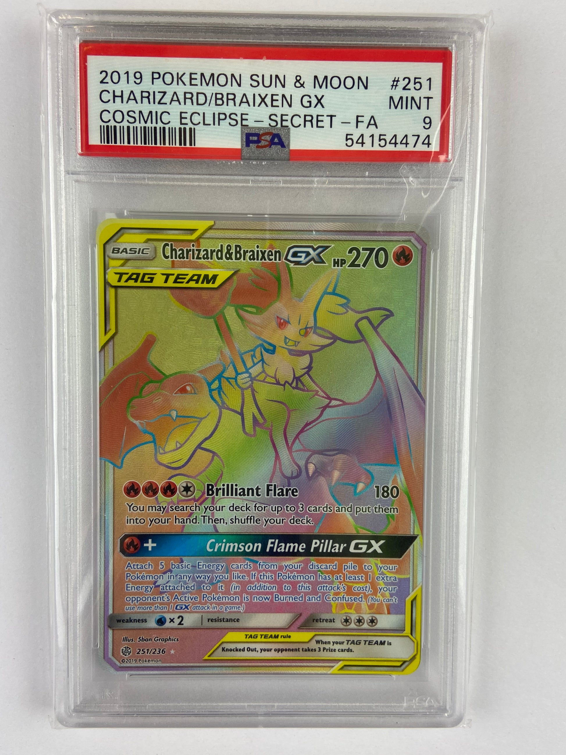 Charizard & Braixen GX Cosmic Eclipse Rainbow Secret 251/236 PSA 9 TBC Games Charizard & Braixen GX Cosmic Eclipse Rainbow Secret 251/236 PSA 9 TBC Games