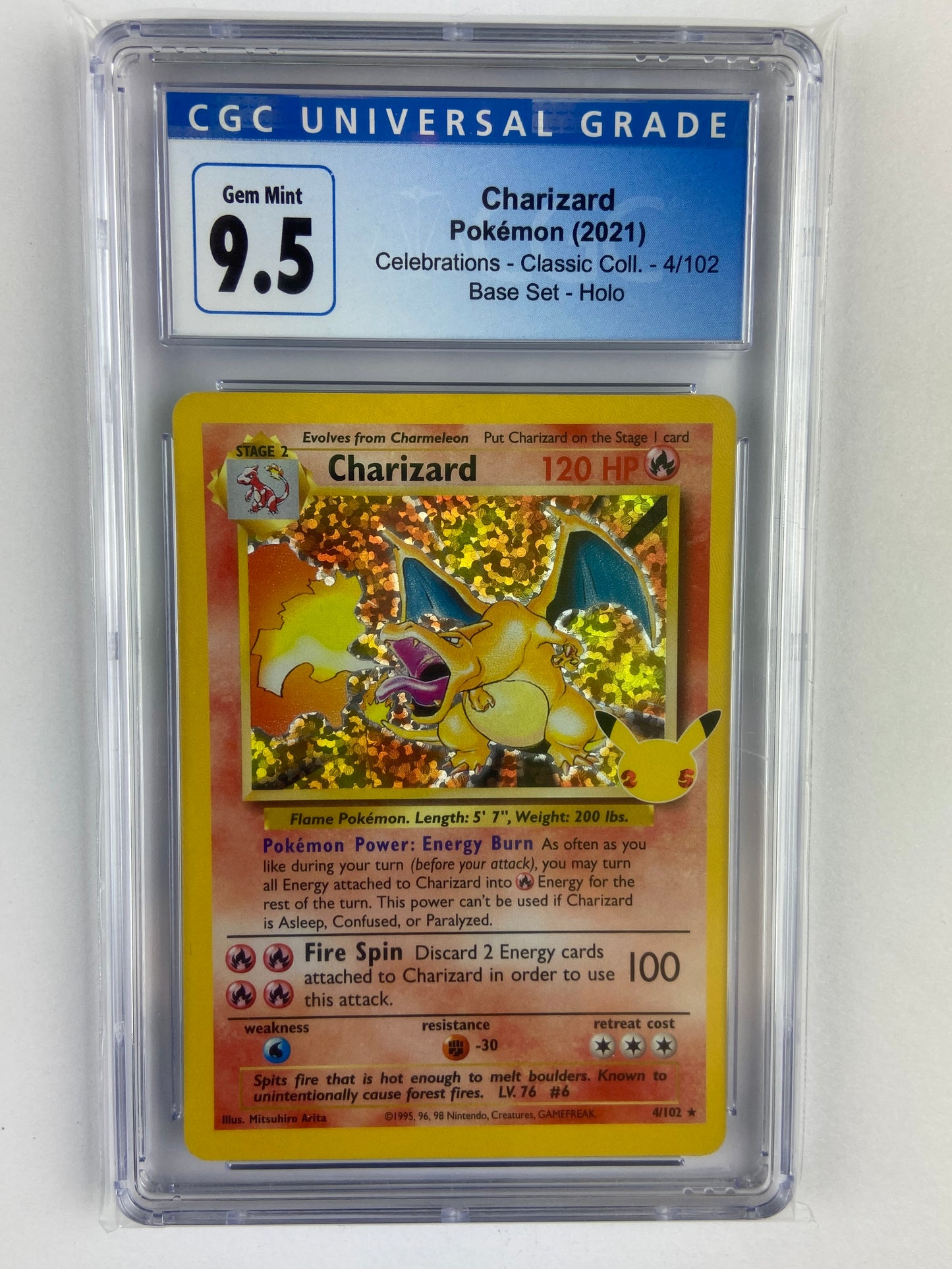 1995 charizard pokemon card 4 102 Charizard Celebrations 4/102 CGC 9.5 – TBC Games