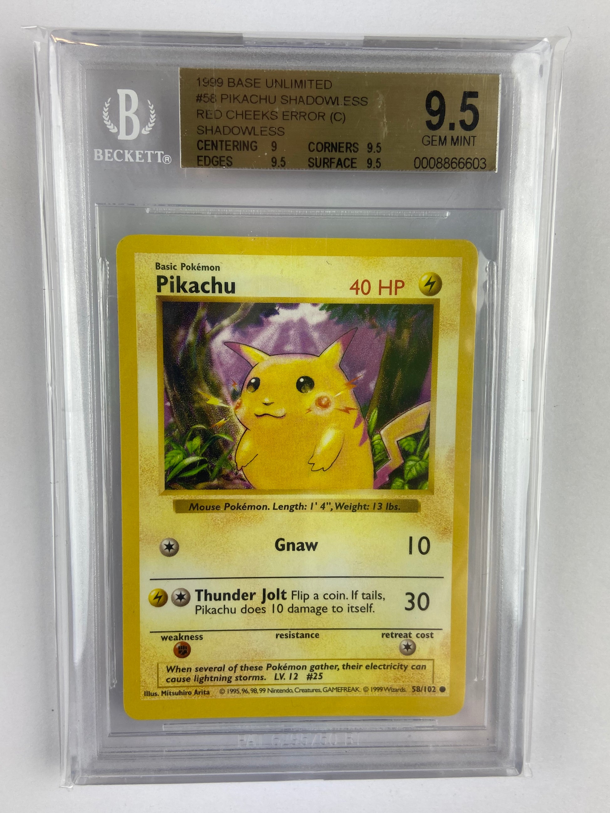 Pikachu Base Set Shadowless Red Cheeks Error 58/102 BGS 9.5 TBC Games Pikachu Base Set Shadowless Red Cheeks Error 58/102 BGS 9.5 TBC Games