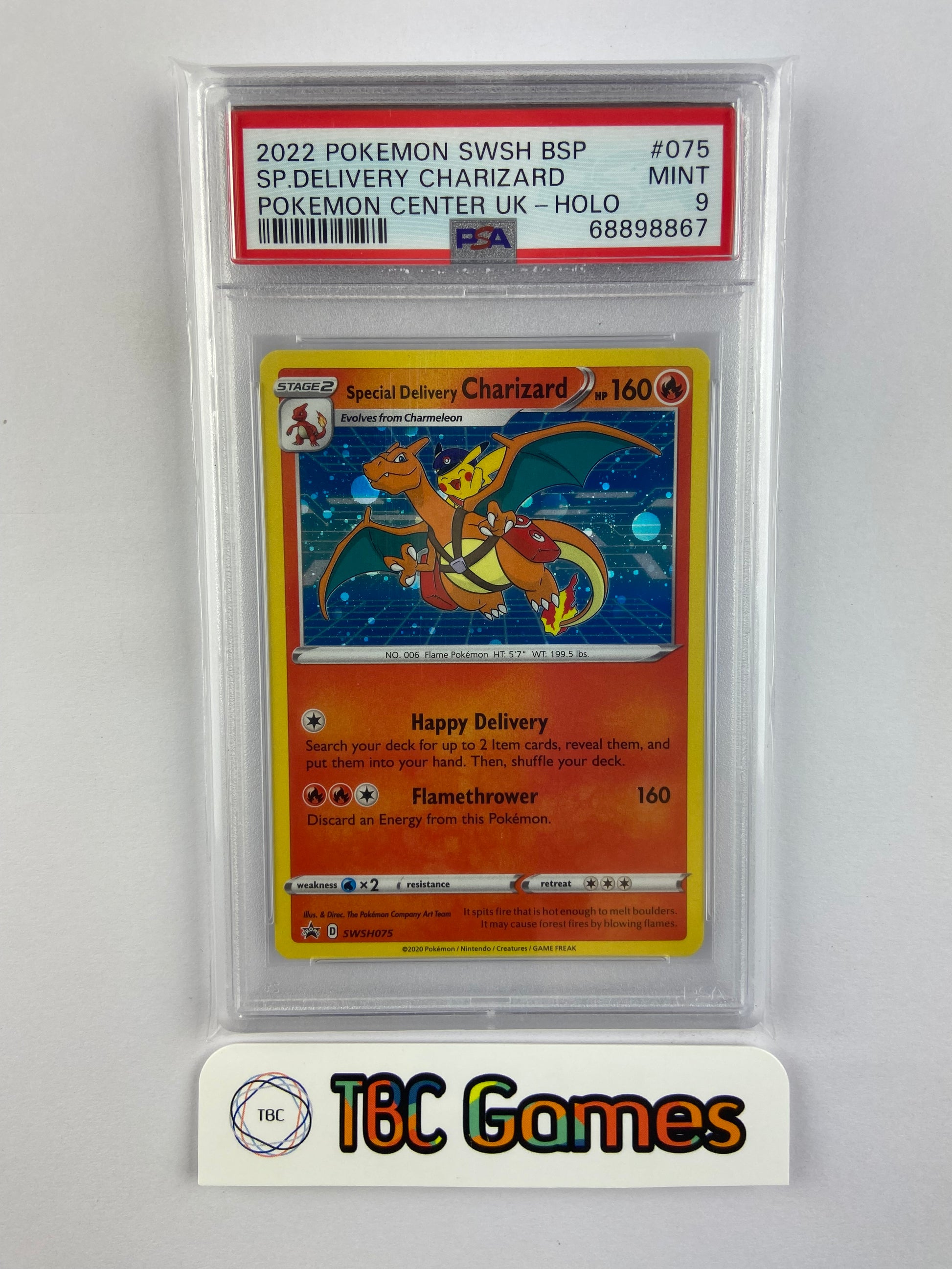 pokemon center special delivery charizard card Special Delivery Charizard UK Promo SWSH075 PSA 9 – TBC Games