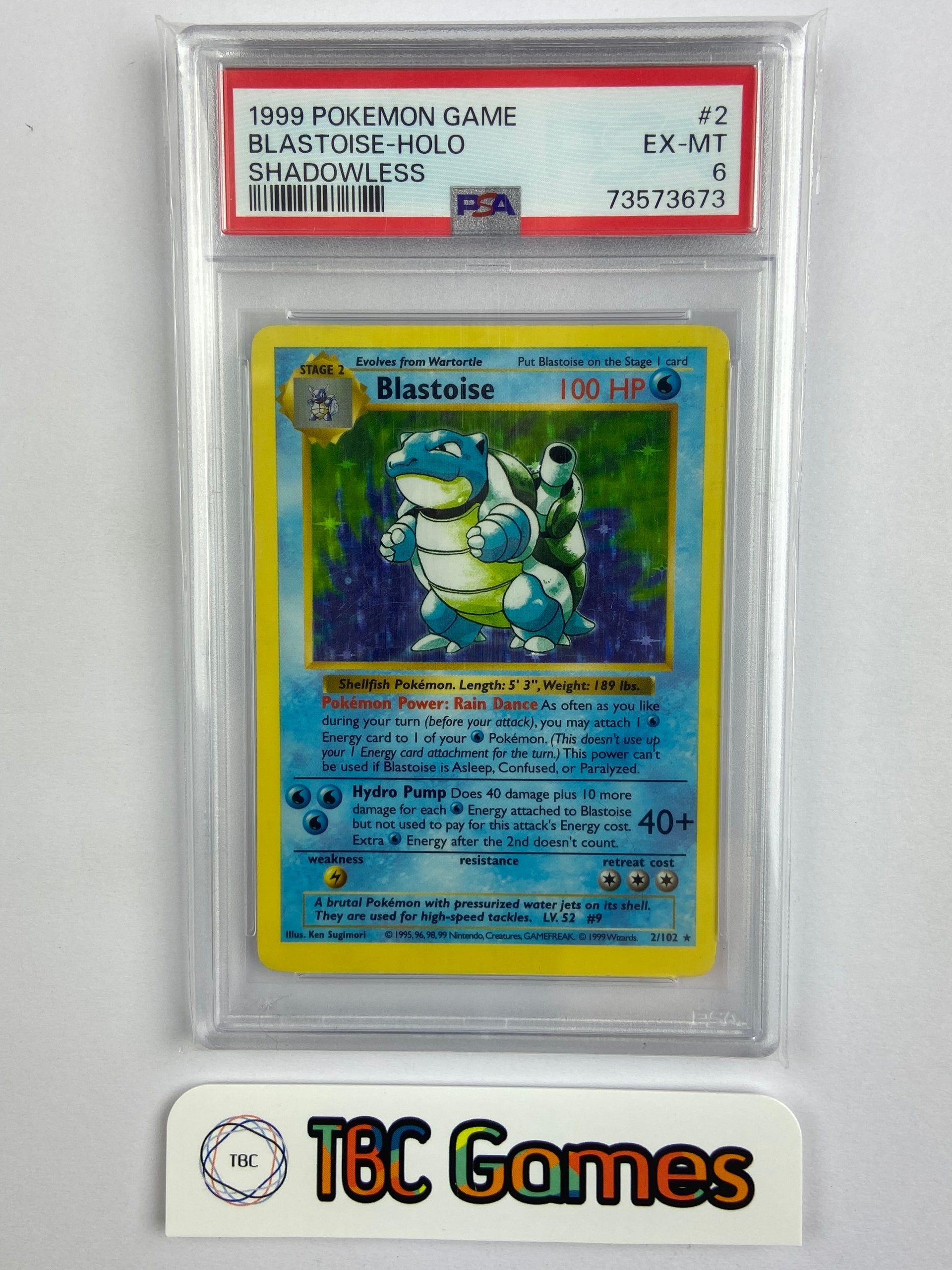 Blastoise Base Set Shadowless Holo 2/102 PSA 6 TBC Games Blastoise Base Set Shadowless Holo 2/102 PSA 6 TBC Games