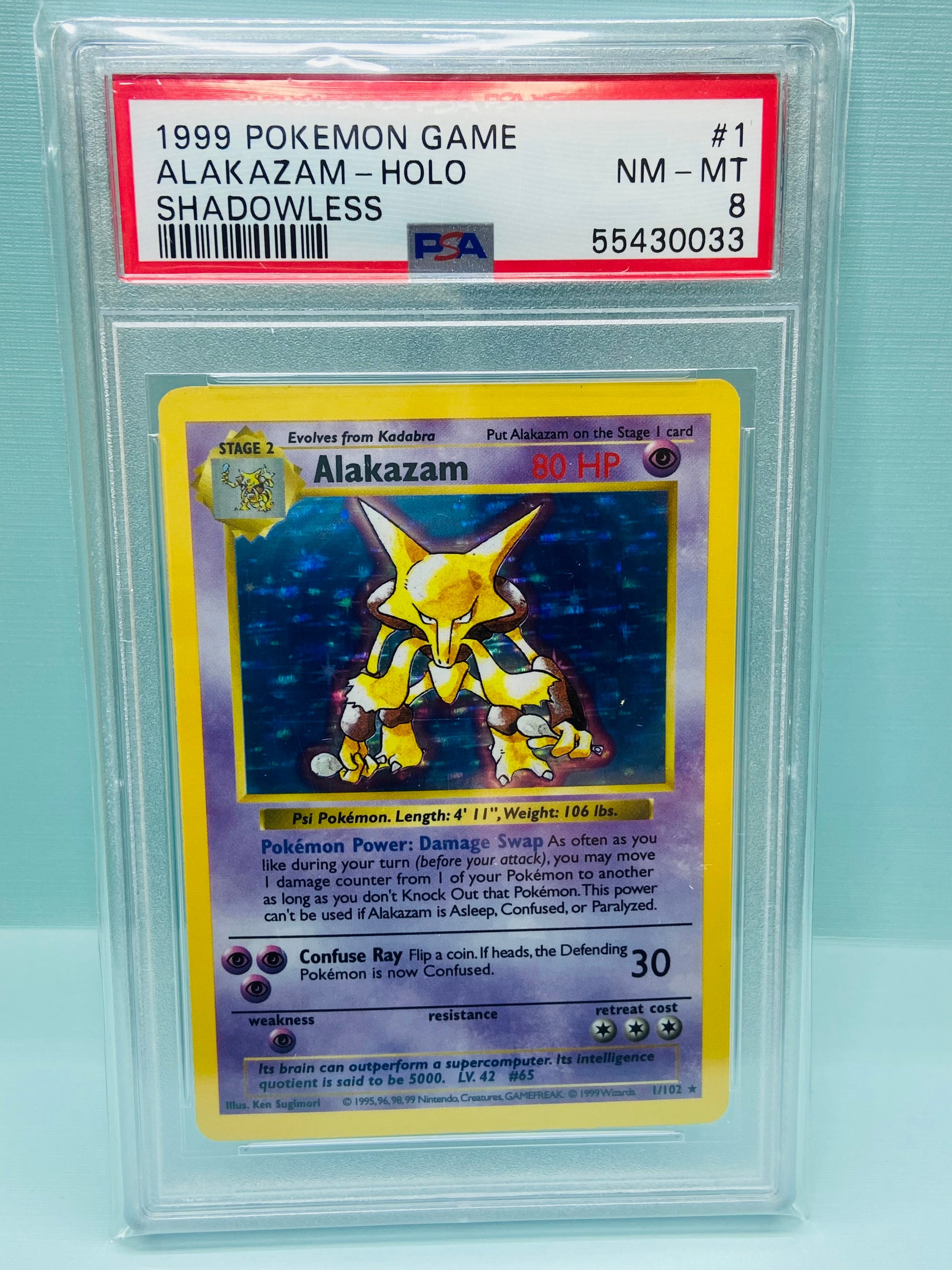 Alakazam Base Set Shadowless Holo 1/102 PSA 8 TBC Games Alakazam Base Set Shadowless Holo 1/102 PSA 8 TBC Games