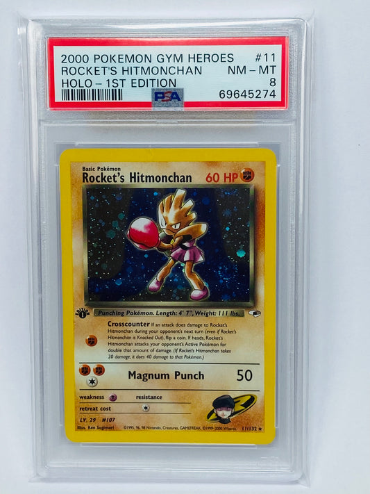 Rocket's Hitmonchan Gym Heroes 1st Edition Holo SWIRL 11/132 PSA 8